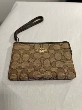 Coach Corner Zip Wristlet in Signature Canvas Khaki and Brown